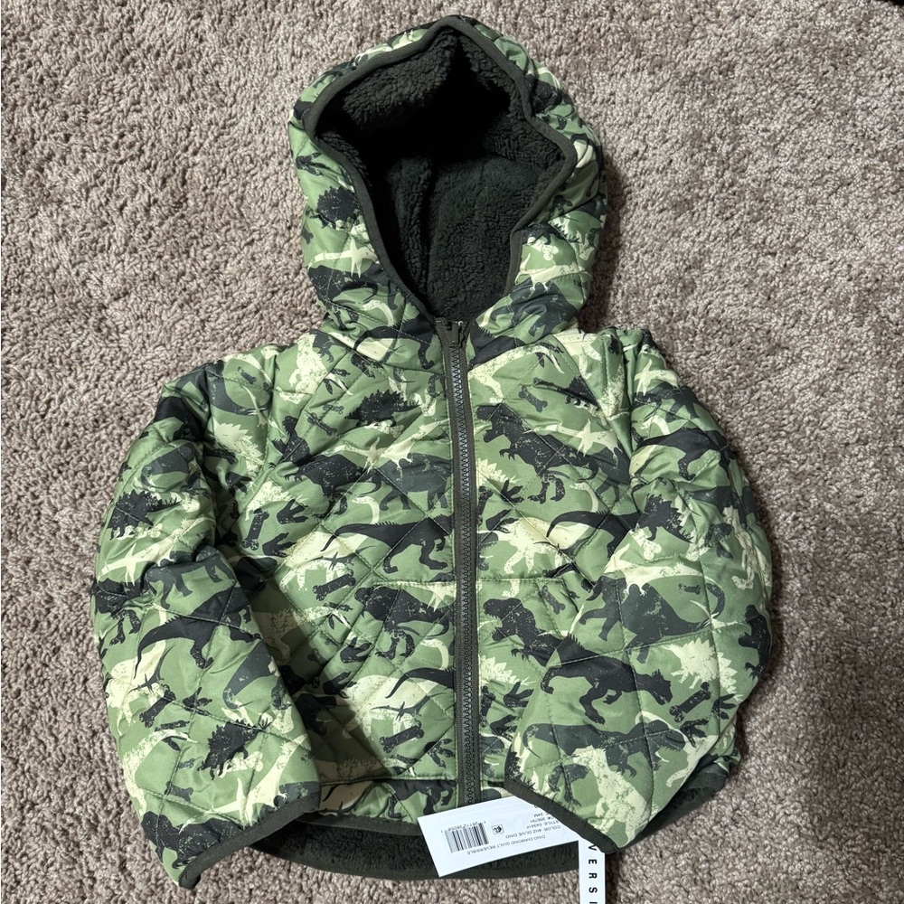 Reversible Green Dinosaur Camouflage Puffer Jacket